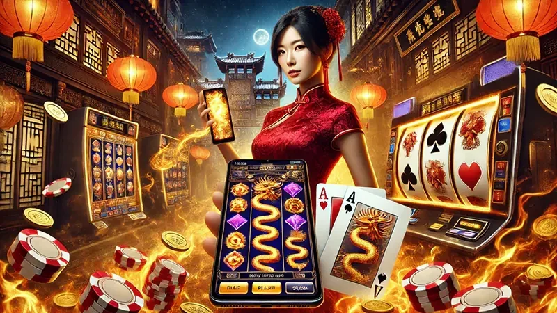 Ilustrasi layar permainan slot dengan reel dan simbol berwarna
